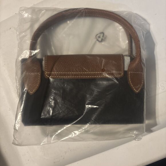 Longchamp Le Pliage small Top Handle Mini Shoulder Bag Black New Leather Nylon - Picture 1 of 2